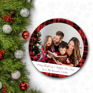 Round Buffalo Plaid Family Photo Christmas Card