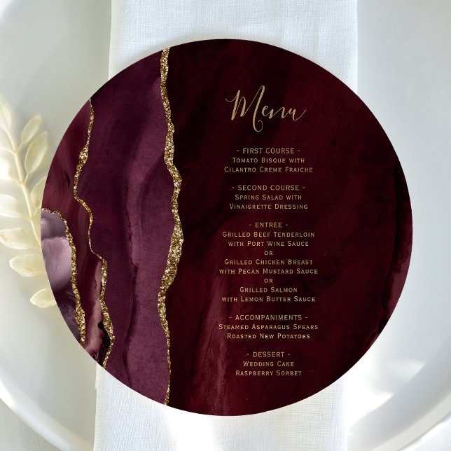 Round Burgundy Gold Agate Wedding Menu (Creator Uploaded)
