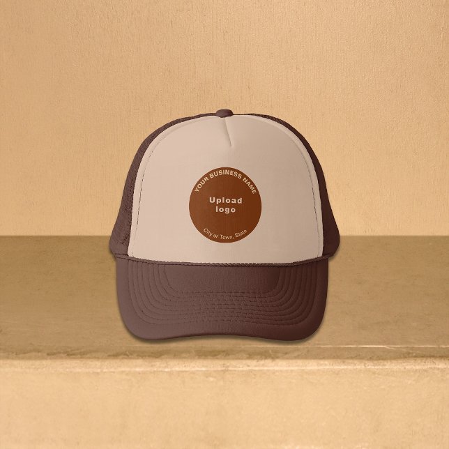 Round Business Brand on Brown and Tan Trucker Hat (Round business brand on brown and tan trucker hat)