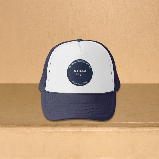 Round Business Brand on Navy and White Trucker Hat (Round business brand on navy and white trucker hat)
