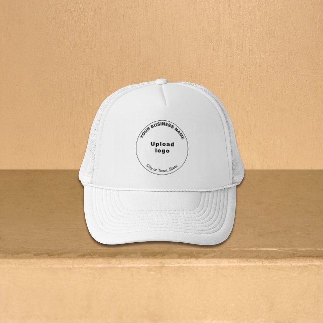 Round Business Brand on White Trucker Hat (Round shape business brand on white trucker hat)