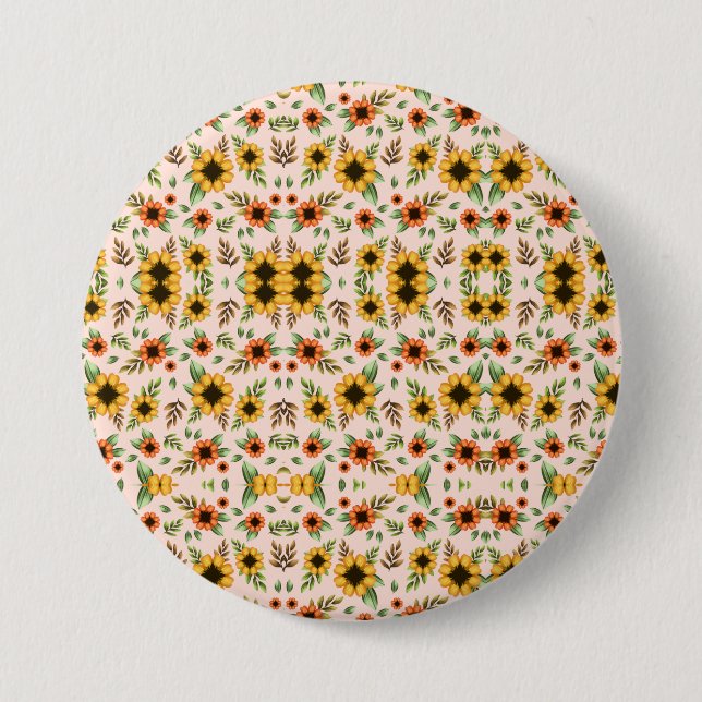 Round button featuring a colourful floral pattern (Front)