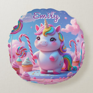 Round Candy Unicorn Pillow – Editable Name