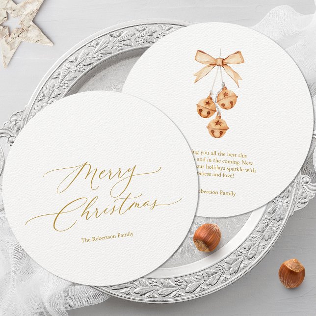 Round Christmas Card with Gold Script and Bells (Creator Uploaded)