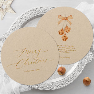 Round Christmas Card with Gold Script and Bells