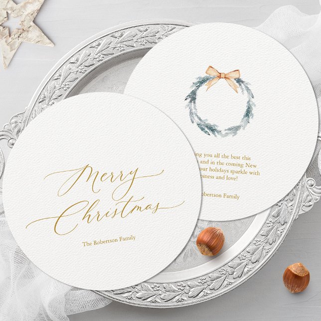 Round Christmas Card with Gold Script and Wreath (Creator Uploaded)