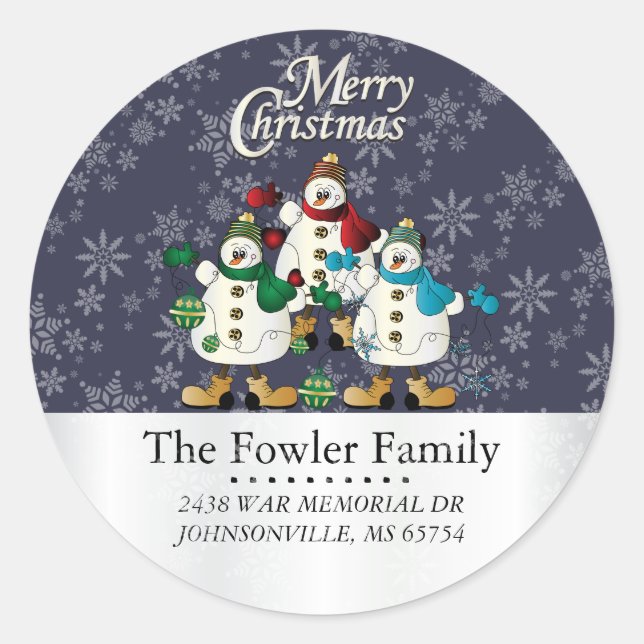 Round Christmas Snowmen Address Labels (Front)