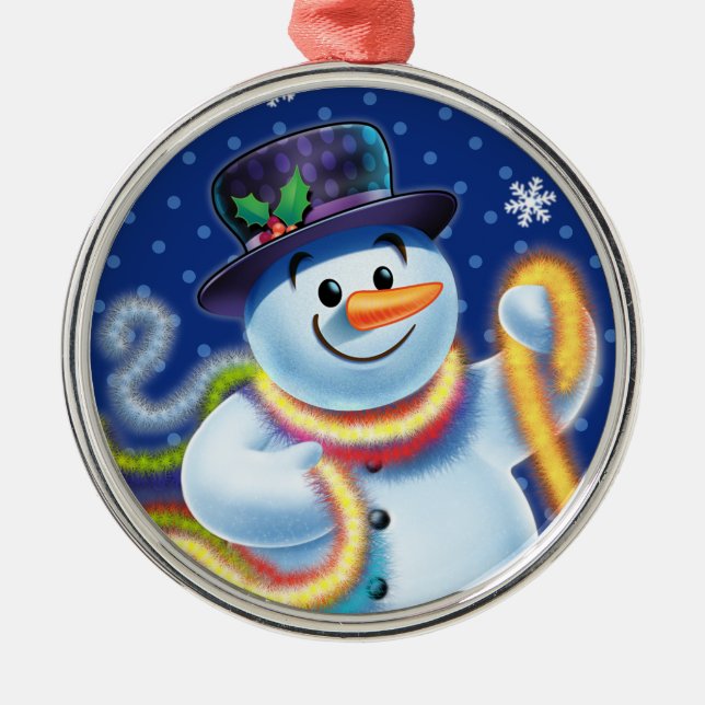 Round Christmas tree decoration Snowman & tinsel. (Front)