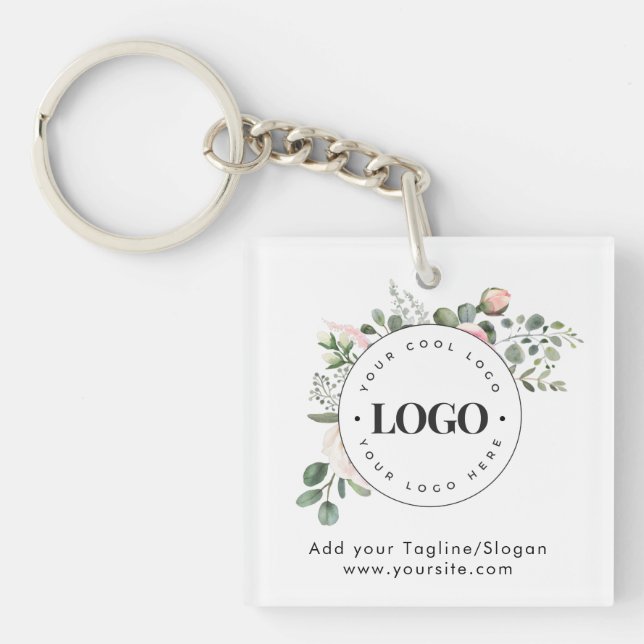Round Circle Custom Company Logo Floral Greenery Key Ring (Front)