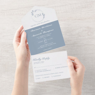Round Classic Dusty Blue Monogram Wedding All In One Invitation