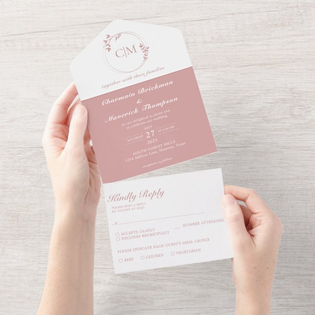 Round Classic Dusty Pink Monogram Wedding All In One Invitation (Tearaway)