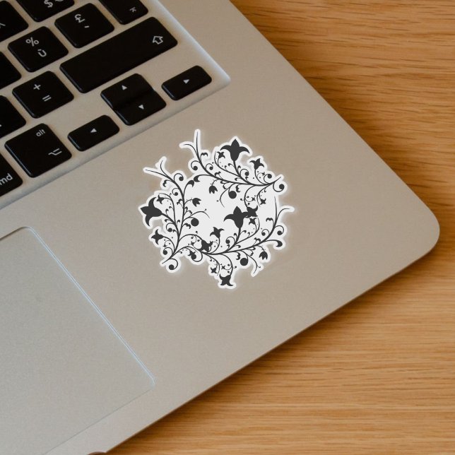 Round Cluster of Pretty Black Abstract Flowers (Black abstract flowers in round cluster on black stems on vinyl sticker.)