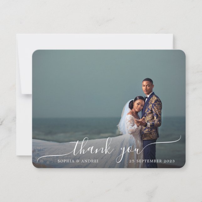 Round Corner Modern Photo Script Border Wedding Thank You Card (Front)