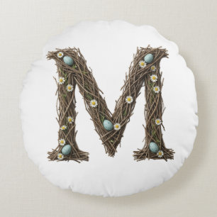 Round Cushion for Mum, Rustic Floral Letter M 