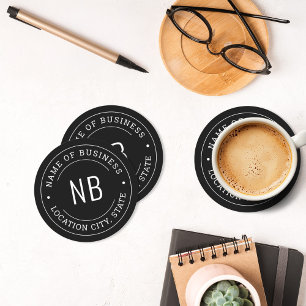 Round Custom Black Business Monogram Location Paper Coaster