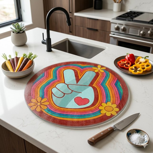 Round Cutting Board Peace Love Rainbow Retro (Creator Uploaded)