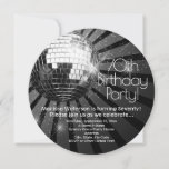 Round Disco Ball 70th Birthday Party Invitation<br><div class="desc">Black Circle Round Disco Ball 70th Birthday Party Invitation for men or women disco queens! Reminisce about the old days. Round circle shaped invitation. Sparkling silver disco ball with rays of light and glittery background in black and white colour scheme.</div>