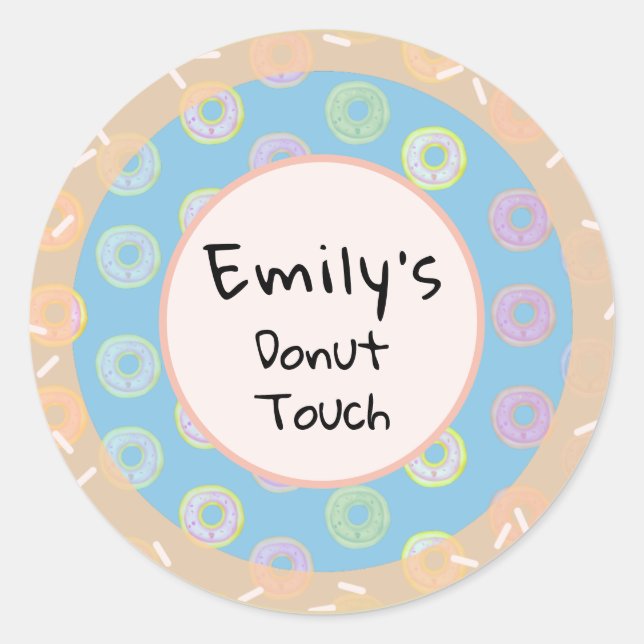 Round Doughnut Touch Blue Custom Name Stickers (Front)