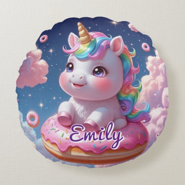 Round Doughnut Unicorn Pillow – Editable Name (Front)