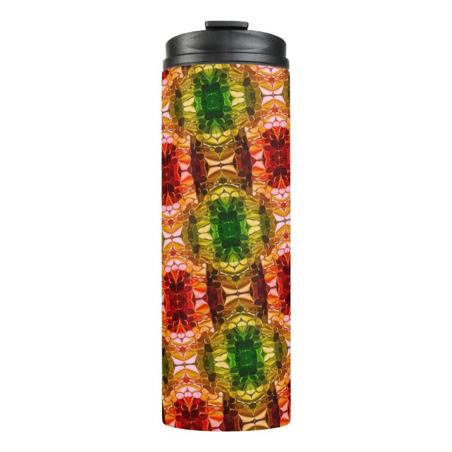 Round drawing generate red, green, and gold shapes thermal tumbler (Front)