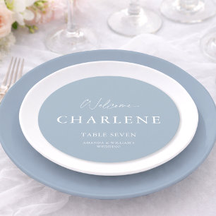 Round Dusty Blue Wedding Menu Personalized Table