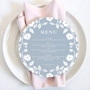 Round Dusty Blue White Folk Floral Wedding Menu
