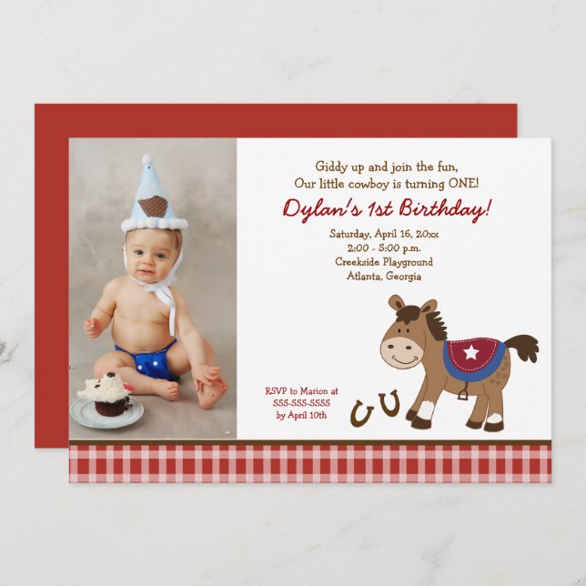 Round 'Em Up Horse Photo Birthday Invitation 5x7 (Front/Back)