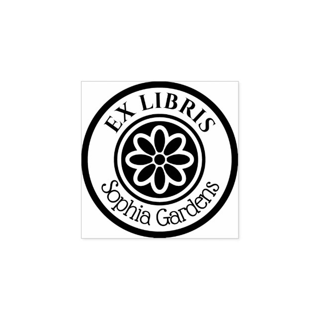 Round Ex Libris 6 Petal Flower 02 Rubber Stamp (Imprint)