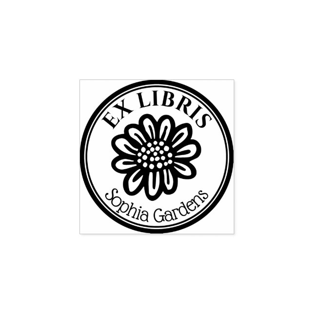 Round Ex Libris - Hand Drawn Flower Rubber Stamp (Imprint)
