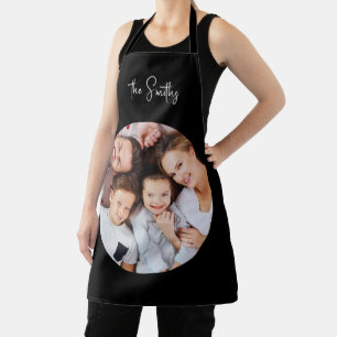 Round Family Photo Black Script Name Chef Apron
