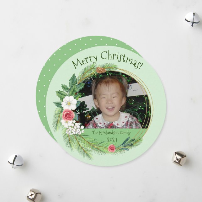 Round Floral Elegance Photo Christmas Holiday Card (Front/Back In Situ)