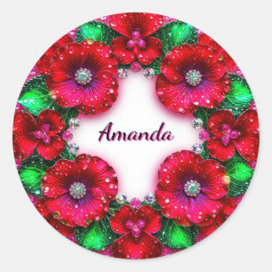 Round Floral Wreath with Red and Green Jewels Classic Round Sticker