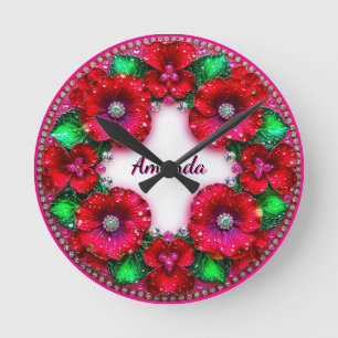 Round Floral Wreath with Red and Green Jewels Clock
