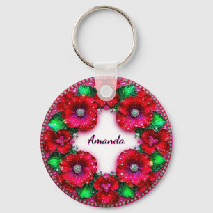 Round Floral Wreath with Red and Green Jewels Key Ring