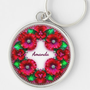 Round Floral Wreath with Red and Green Jewels Key Ring