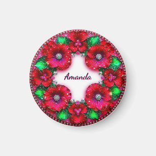 Round Floral Wreath with Red and Green Jewels Magnet