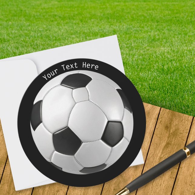 Round Football Soccer Ball Custom Text Modern Holiday Card (A round postcard with black and white classic soccer ball design and custom text)
