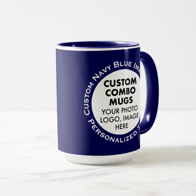 Round Frame 2x Photo Text Large Navy Custom Combo Mug (Front Right)