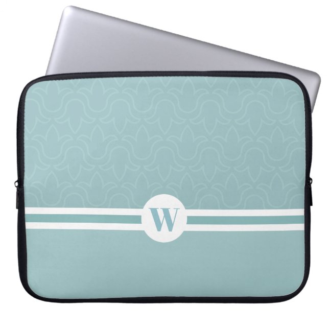 Round frame customisable monogram light blue flora laptop sleeve (Front)
