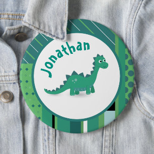 Round frame in gree/blue with cute dinosaur  6 cm round badge