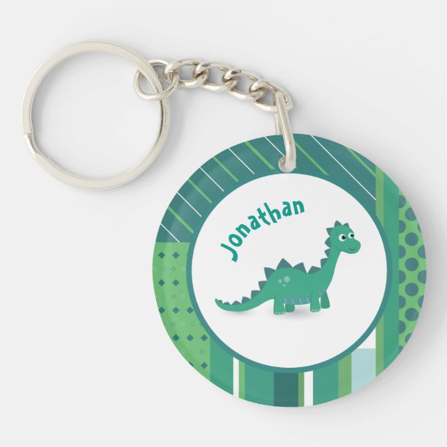 Round frame in gree/blue with cute dinosaur key ring (Front)