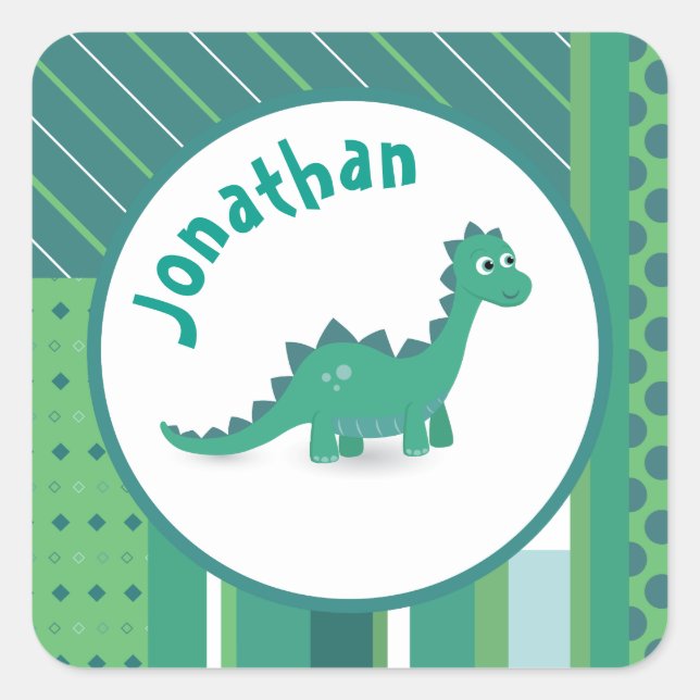 Round frame in gree/blue with cute dinosaur square sticker (Front)