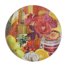 Round Glass Cutting Board with Culinary Theme