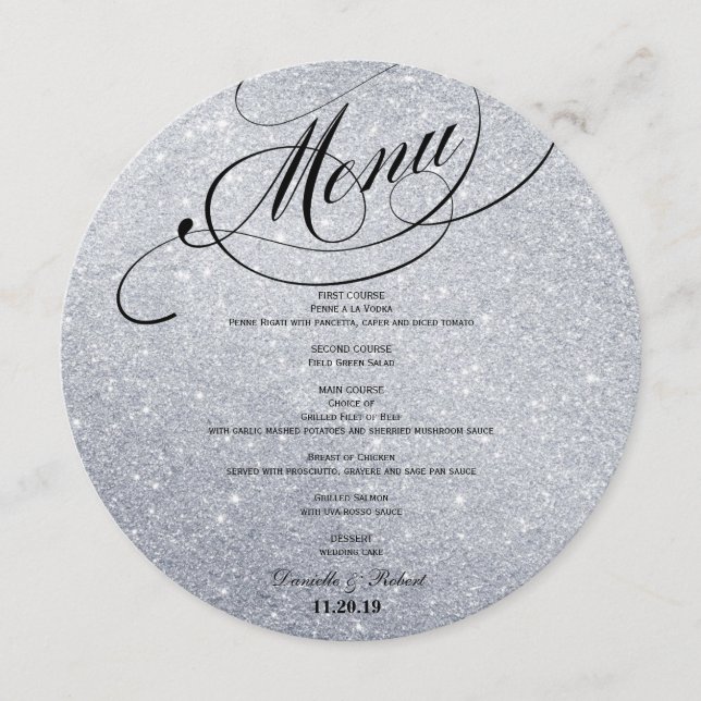 Round Glitter Wedding Dinner Menu Card For Plate (Front)