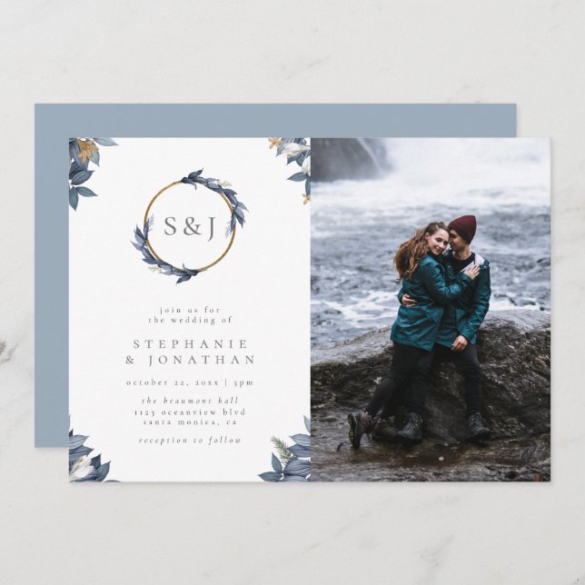 Round Gold Monogram & Blue Leaves Wedding Photo Invitation (Front/Back)