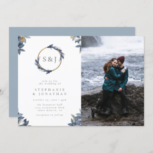 Round Gold Monogram & Blue Leaves Wedding Photo Invitation