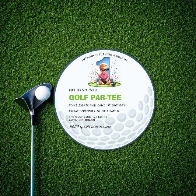 Round Golf Ball "Hole in One" 1st Birthday Invitation (Round Golf Ball "Hole in One" 1st Birthday Invitation)