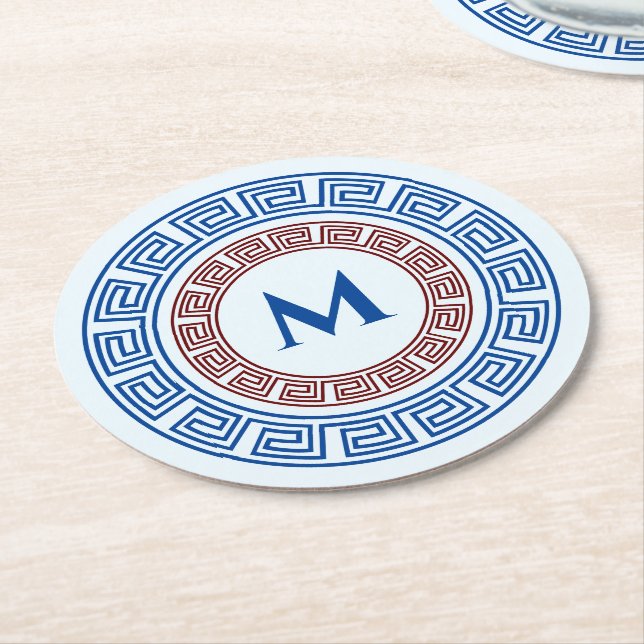 Round Greek Key Custom Monogram Phone Ring Stand Paper Coaster (Angled)