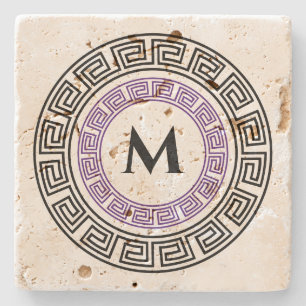 Round Greek Key Custom Monogram  Stone Coaster