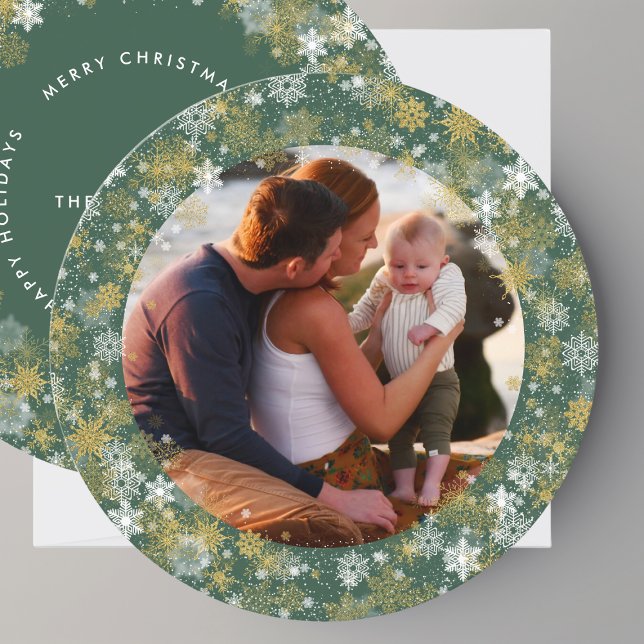  Round Green Christmas Snowflakes Photo Holiday Card (Creator Uploaded)